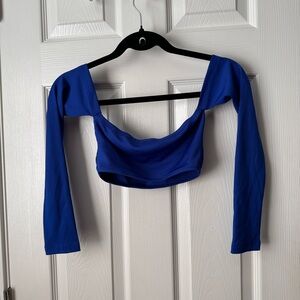 SHEIN Petite XS Blue Ribbed Knit Off-Shoulder Long Sleeve Cropped Top